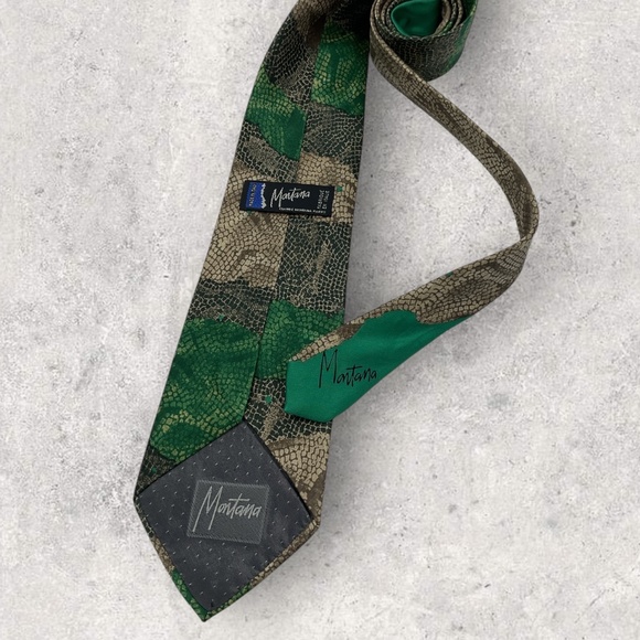CLAUDE MONTANA Green/Beige/Brown Art Silk LUXURY Tie ITALY - Picture 2 of 5